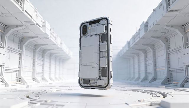 Floating modular smartphone revealing internal panels above concentric sterile test platform