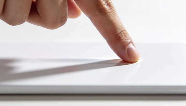 Pressing finger on matte white touchpad closeup, minimal tech interaction, tactile surface