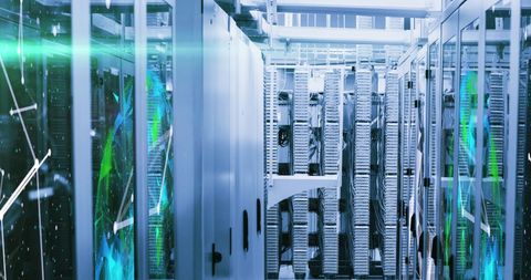 Digital Interface in Modern Server Room with Green Abstract Shapes - Download Free Stock Images Pikwizard.com