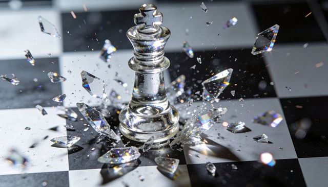Glass king chess piece shattering on checkerboard with prismatic shards