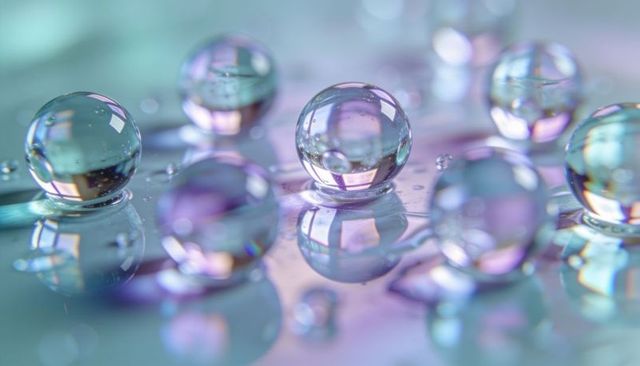 Iridescent glass-like droplets reflecting pastel gradients on glossy surface, macro bokeh