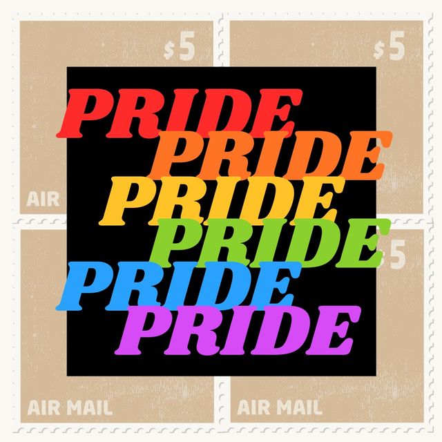 Illustrative image of multicolored pride text on black square over air mail postal stamp, copy space. lgbtqia pride, lgbtqia rights, celebration, freedom, equality and pride concept.