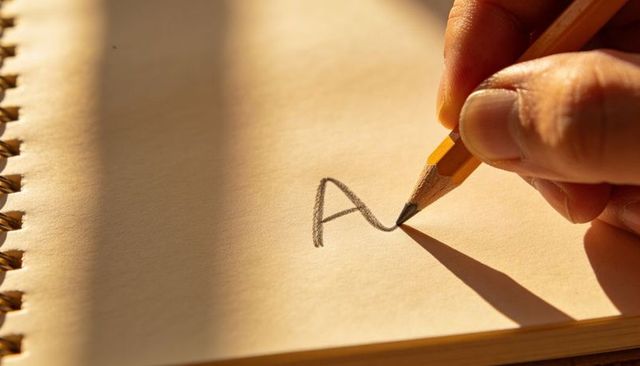 Right hand drawing uppercase a with yellow pencil on spiral notebook in warm sunset light