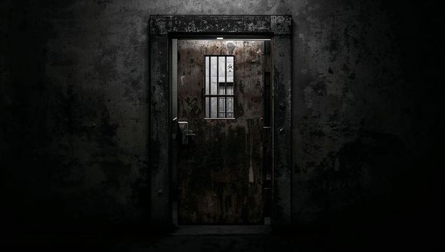 Rusted Metal Prison Door in Abandoned Concrete Corridor