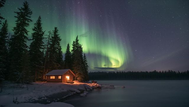 Enchanting Cabin by Lakeshore with Auroral Display at Night