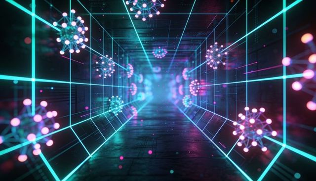 Glowing neon grid tunnel with floating molecular nodes and futuristic cyber corridor