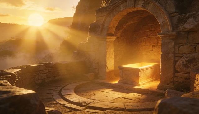 Golden sunlit sarcophagus in stone arch on circular terrace evoking ancient lore
