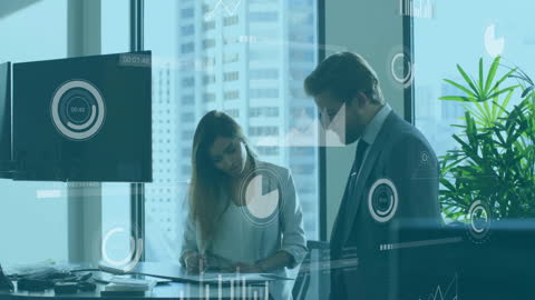 Business Professionals Collaborating with Financial Data Interfaces