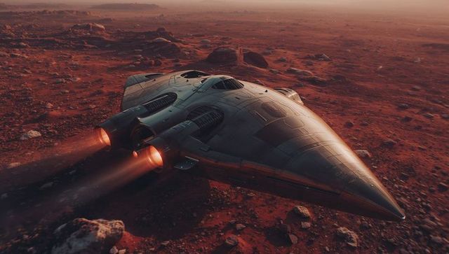 Triangular martian shuttle gliding over red rocky terrain with twin glowing engines
