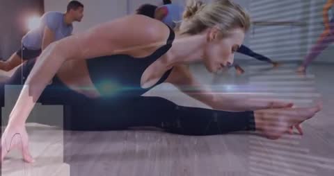 Group Stretching in Fitness Class with Health Metrics Overlay