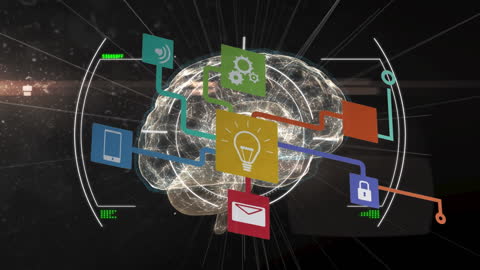 Digital Brain Connections with Futuristic Icon Interfaces