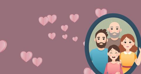 Illustrated Modern Family Portrait Surrounded by Hearts Embracing Love