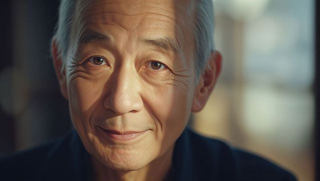 Smiling elderly man reflecting in gentle light