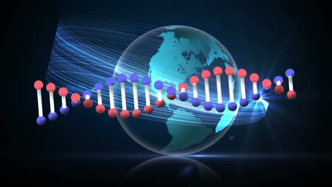 Digital DNA Helix Over Globe Representing World Connectivity