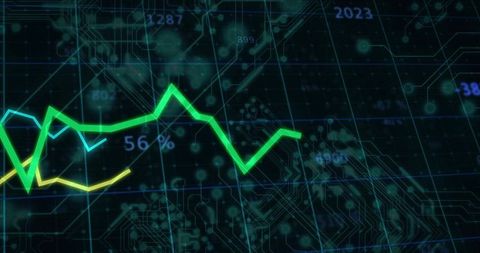 Glowing Neon Green Graph Tracking Metrics Across Futuristic Circuit-Board Grid Dashboard