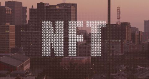 NFT and Cryptocurrency Text Over Urban Skyline