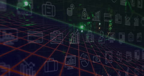 Digital Tech Icons with Neon Grid Overlay Networking