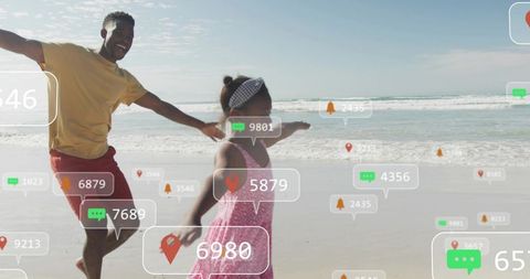 Running father and daughter on sunny beach with social notifications and location overlays