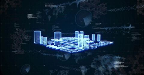 Holographic 3d city wireframe dashboard showing floating data visualization and hud