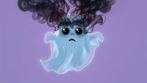 Whimsical ghost with negative energy swirling smoke on lavender background