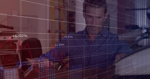 Man analyzing financial charts on desktop in home studio with microphone and suitcase