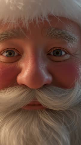 Santa Claus Blinking, Shifting Eyes and Smiling in Vertical Closeup with Warm Fur Hat Brim