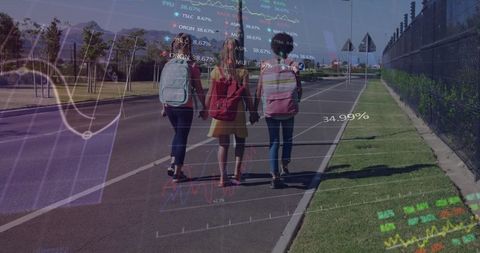 Diverse schoolgirls walking as financial graphs overlay