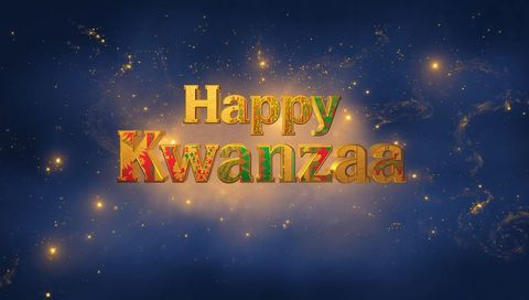 Happy Kwanzaa 3D gold patterned letters glowing on cosmic blue background with sparkles