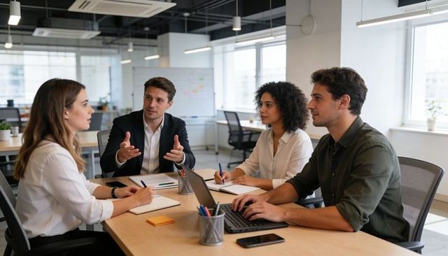 Business team discussing strategy and taking notes at modern office table during meeting