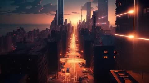 Intense Dusk Over Busy City with Light Streaks and Skyline