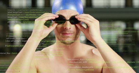 Competitive swimmer adjusting goggles and preparing for race with digital code overlay