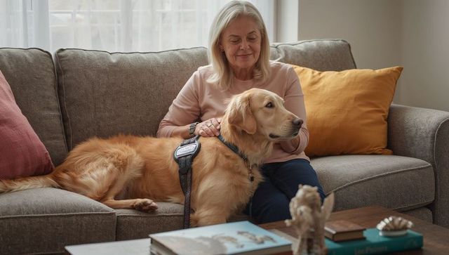 Senior Woman Petting Golden Retriever in Cozy Living Room Scene