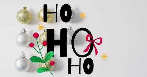 Hohoho black lettering with gold silver baubles red bow minimalist christmas flatlay