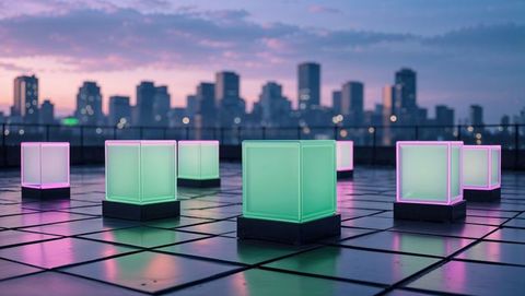 Glowing cubes on modern rooftop terrace at sunset