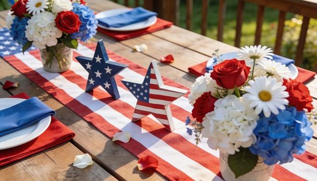 Patriotic fourth of july outdoor table decorating with red white blue floral centerpieces