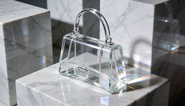 Translucent acrylic handbag showcasing prismatic reflections on marble pedestal