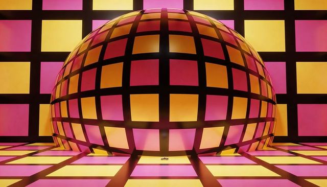 Glowing checker hemisphere reflecting neon grid with tiny toy car for retro futurism