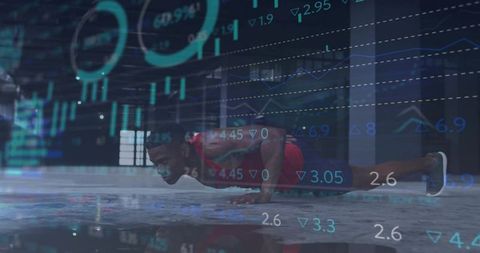 Male athlete doing push-ups with data overlay represents fitness technology