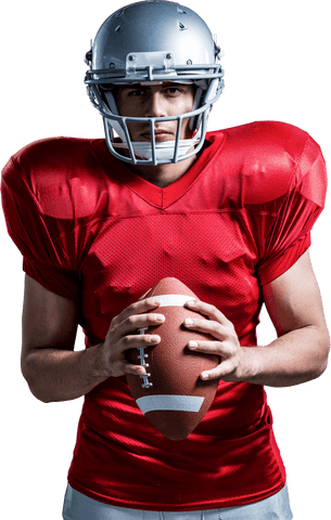 Confident american football player in red uniform on transparent background