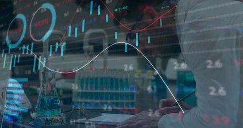 Scientist Researchers Analyzing Data with Financial Graphs Overlay