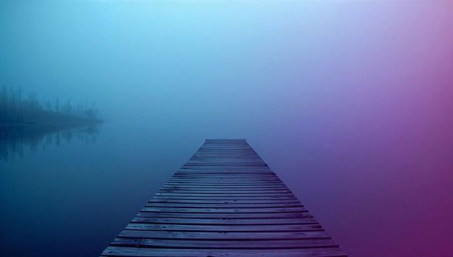 Mystical Pier on Foggy Lakeside with Serene Atmosphere