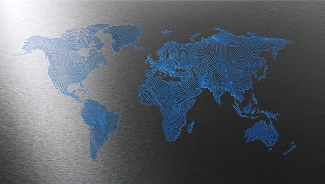 Futuristic Blue Contour World Map on Brushed Metal Surface