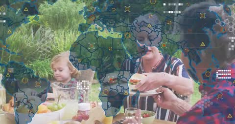 Family Outdoor Picnic with Tech Interface Overlay Visualizing Data