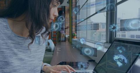 Woman Freelancer Accessing Virtual Interface in Modern Office Environment