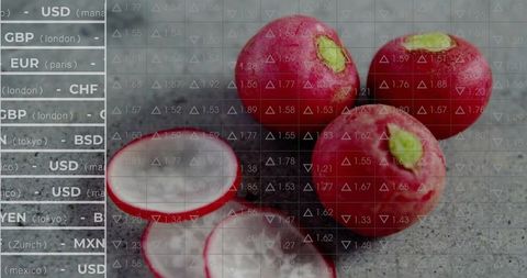 Radish still life with forex ticker overlay showing currency data, flatlay culinary finance concept