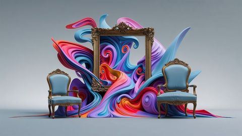 Surreal art installation with ornate frame and antique chairs