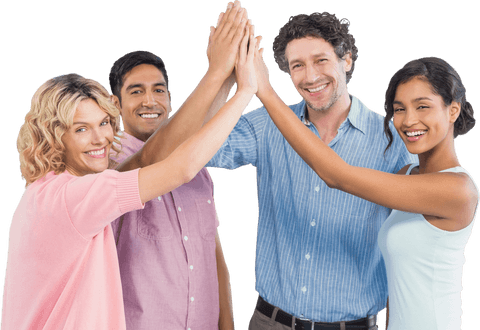 Diverse colleagues celebrating success with transparent high-five