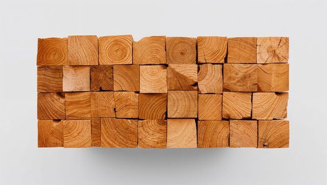 Stacking end-grain timber blocks revealing concentric growth rings and warm wood texture