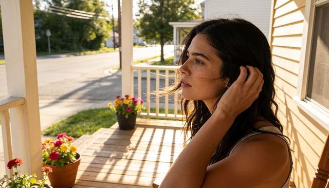 Thoughtful woman relaxing on sunlit front porch with potted flowers at sunset