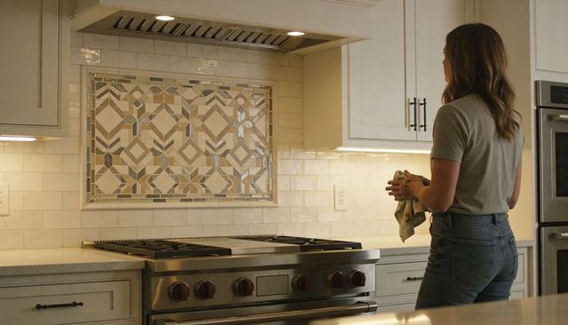Woman cleaning mosaic tile backsplash in modern kitchen with stainless range, undercabinet lighting
